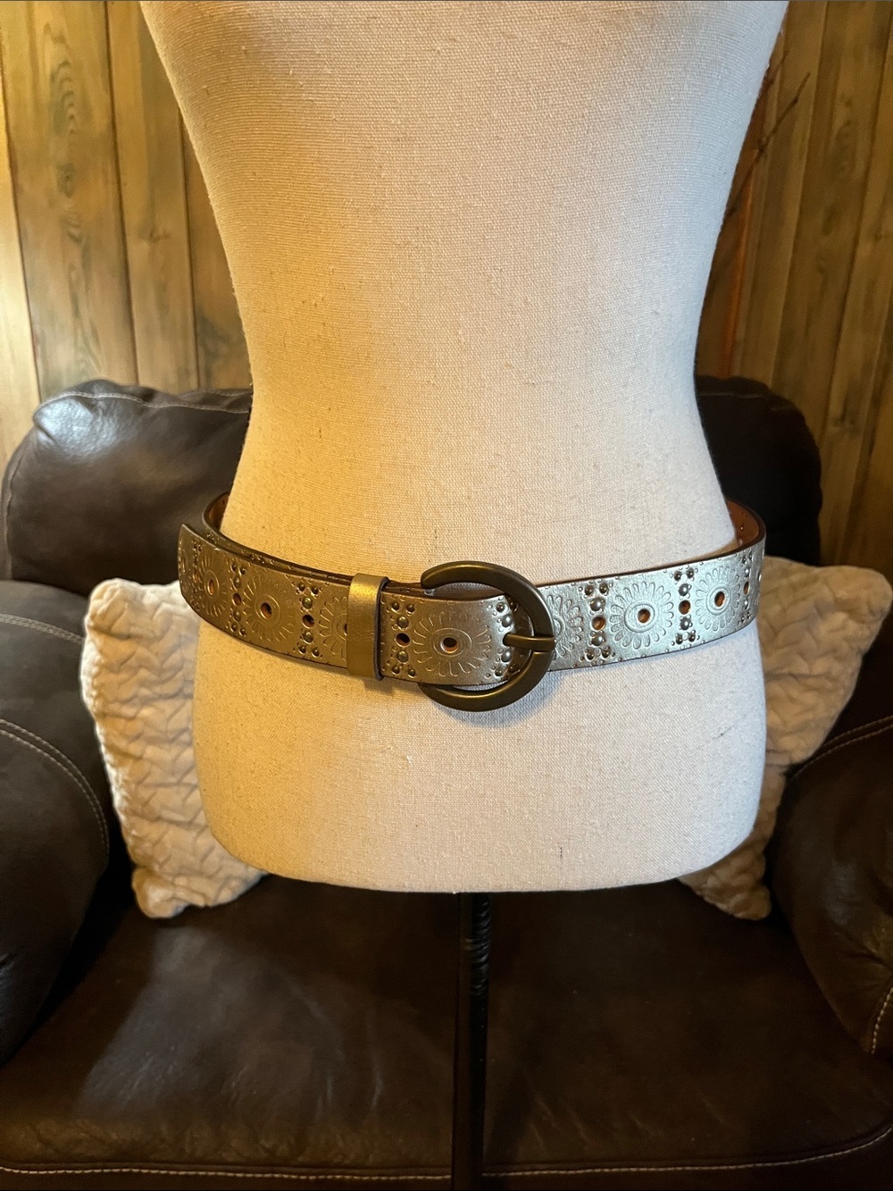 Metallic Eyelet Leather Belt with Round Brass Buckle Boho Hippie Cottagecore